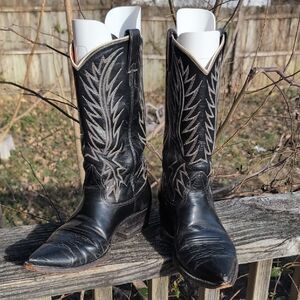 Vintage Nocona Leather Cowboy Western Boots Black Pointed Toe 8.5 Unique Stitch